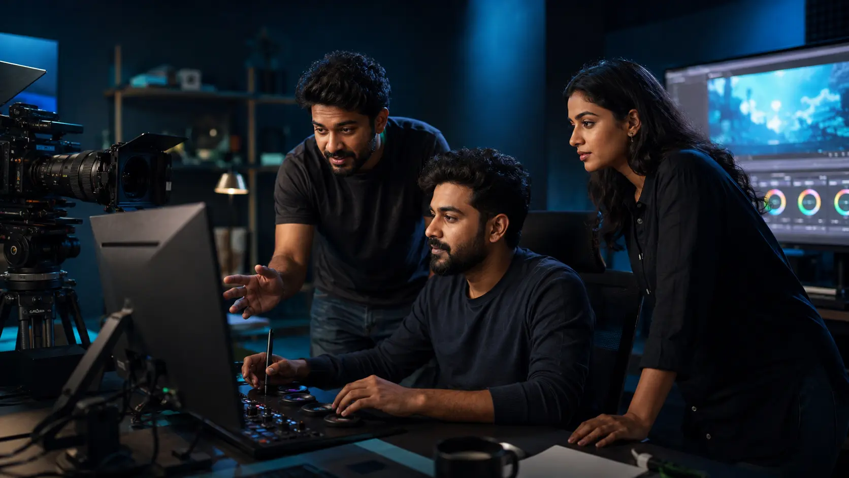 Indian creative production team in a cinematic studio