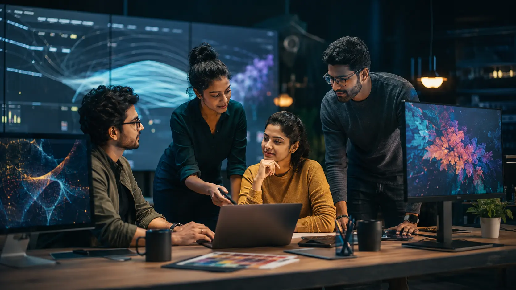 Indian multidisciplinary IT services team in a cinematic technology studio