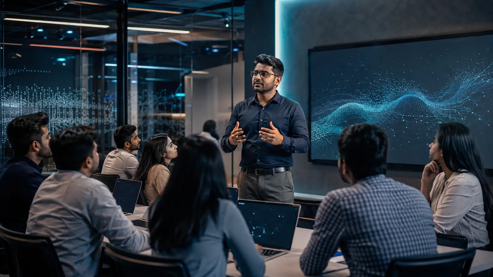 Indian AI instructor teaching professionals in a cinematic technology classroom