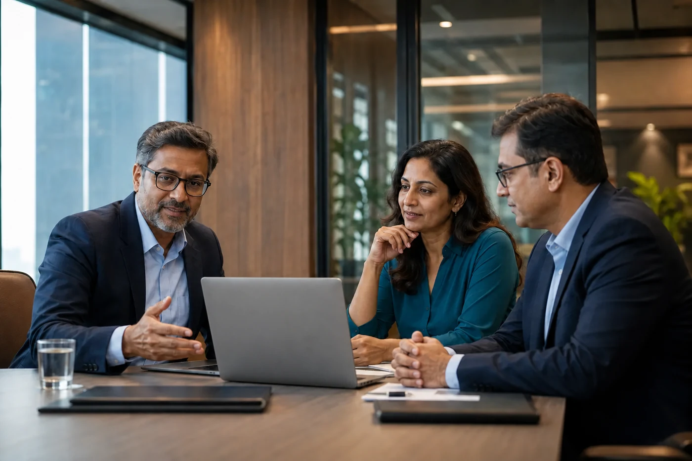 Technology consultant discussing an AI transformation roadmap with Indian business leaders around a grey laptop