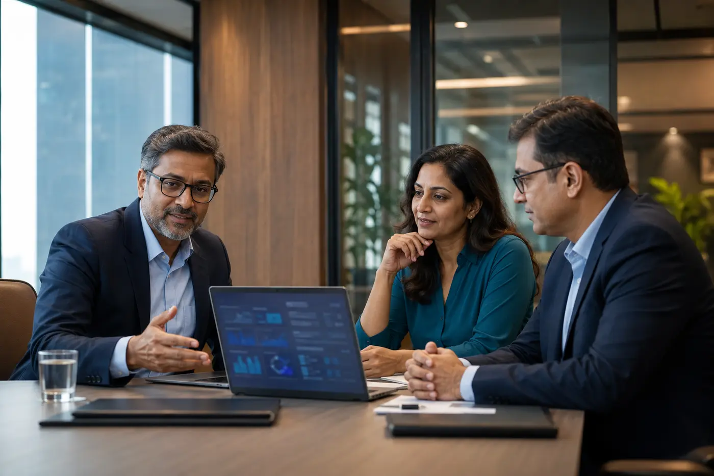 Technology consultant discussing an AI transformation roadmap with Indian business leaders