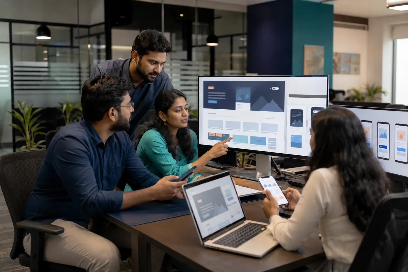 Indian web and mobile development team reviewing interfaces